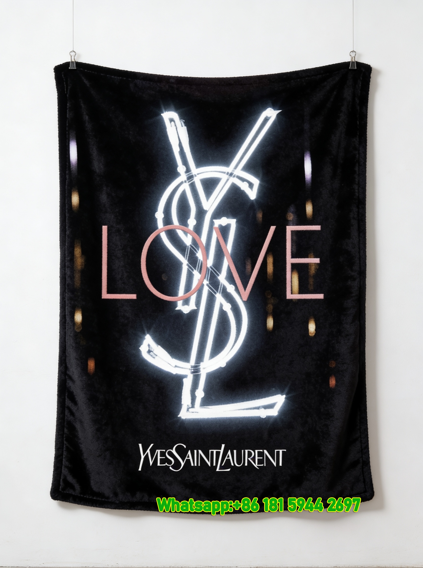 Yves Saint Laurent YSL White Neon Logo with Pink LOVE Print Flannel Sofa Throw Blanket Luxury Black Background Decor Blanket IMG_3248